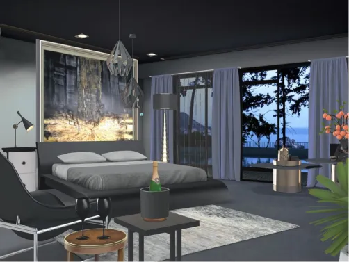 Um quarto de hotel com vista para o lago.