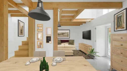 Natural wood studio appartment with green accents