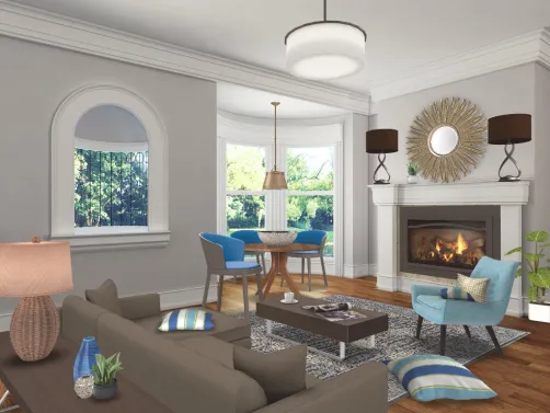 Casual living room in blues and brown. A wonderful room to entertain small groups. 