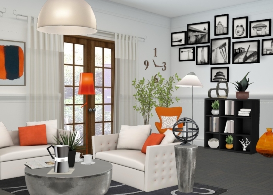 White and orange small living room Design Rendering