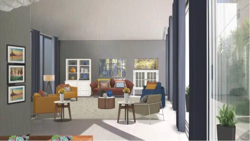 La Yellow, Blue and Orange Modern MidCentury Living Room
