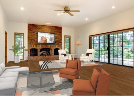 Living room with brick fireplace  Design Rendering
