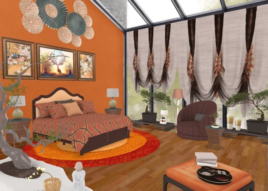 cozy bedroom in Asian style Design Rendering