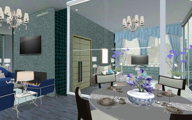 Luxurious blue and silver hotel room 