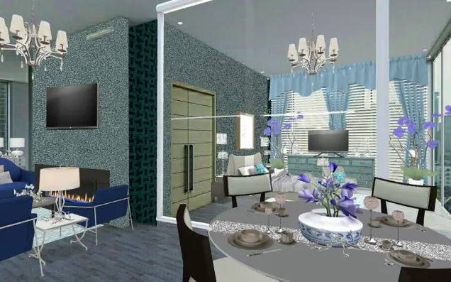 Luxurious blue and silver hotel room 