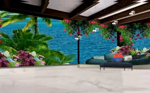 Coastal caffee with tropical flowers
