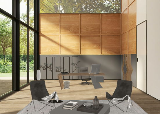 Black & Wood Office Design Rendering