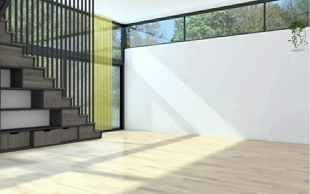 a door is open to a large room with a staircase 