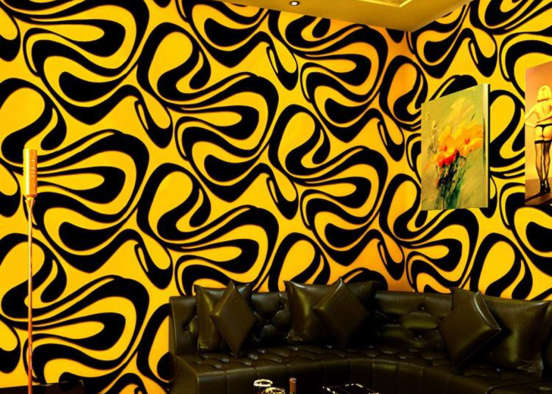 Trippy Yellow Geometric Living Room Design Rendering
