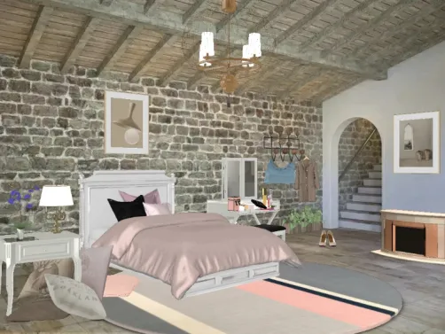 Rosy  rose  bedroom with a fireplace