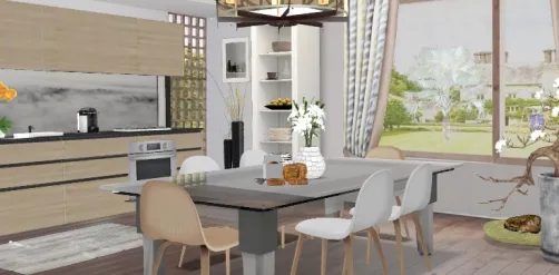 Cucina con tavolo in vetro