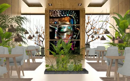 Thai restaurant with portrait of Buda. 