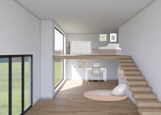 bedroom and office pink grey and wood  Design Rendering