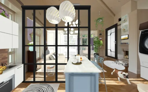 a modern stylish studio apartment.  a bedroom area in the far back, a roomy living room, a kitchen with an eating area, complete with a washer & dryer