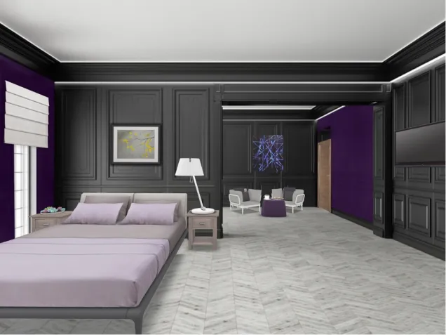 Bedroom using Black, White, and Purple