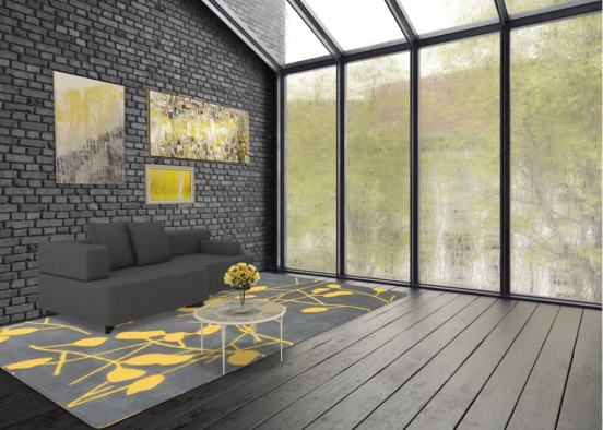 grey and yellow living room Design Rendering