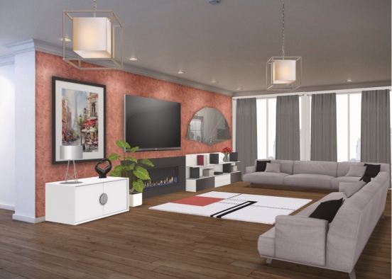 Red themed living room  Design Rendering