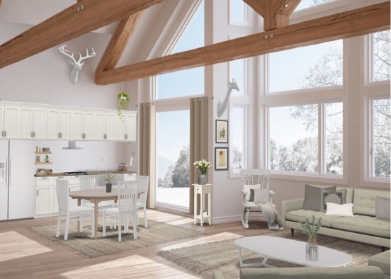 white_country living room- kitchen  Design Rendering
