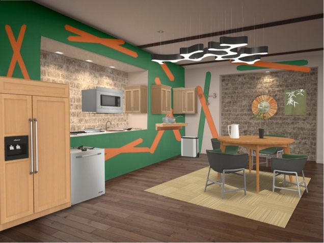 green and orange kitchen 