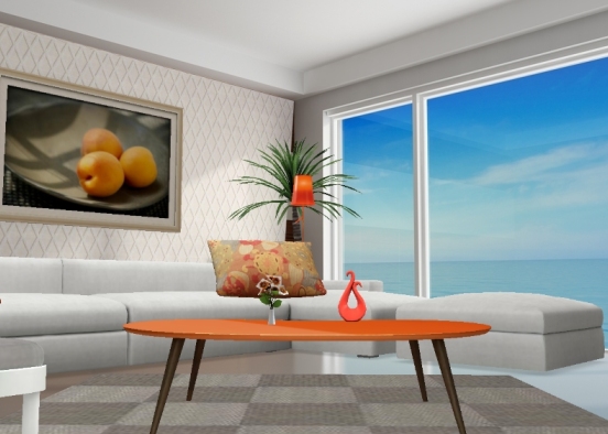 Living room on the ocean. Clean white with pops of orange. Design Rendering