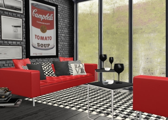 Vintage living room, black, white and red... what else?? ❤ I'm in love with it ❤ Design Rendering