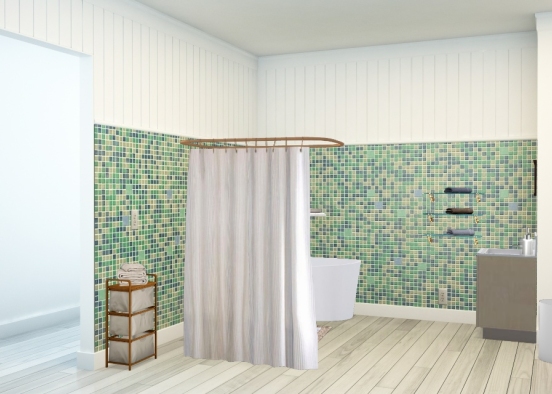 Salle de bain look blanc et bois Design Rendering