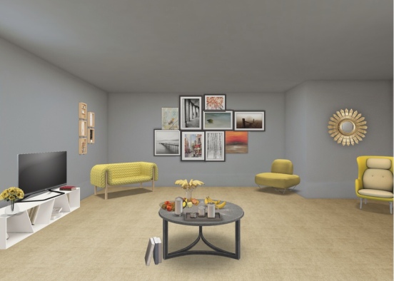 Yellow And Grey Cozy Living Room Design Rendering
