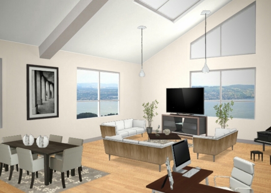 Open floor plan  (living room,dining room and office) Design Rendering