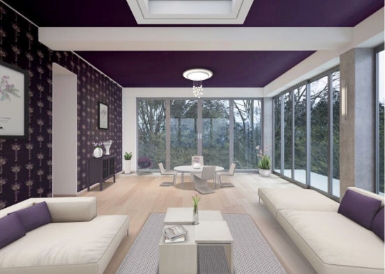 Living and dining room purple and white theme Design Rendering