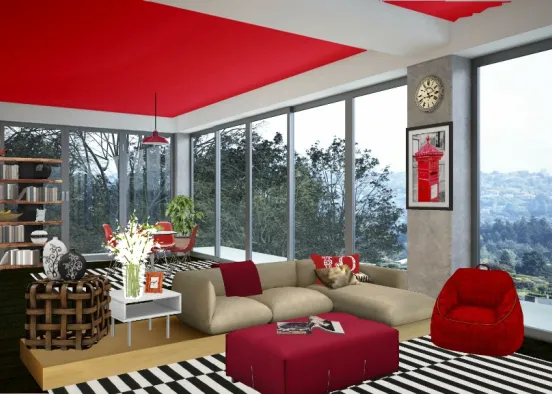 Modern red accent living/dining area Design Rendering
