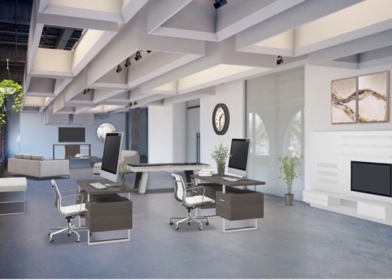 Modern Office Space -complete with wooden desks and comfortable lounges Design Rendering