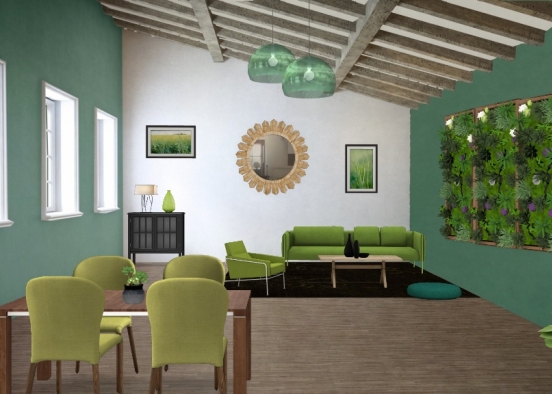 Salon-salle à manger tons verdoyant, moderne et jungle. Design Rendering
