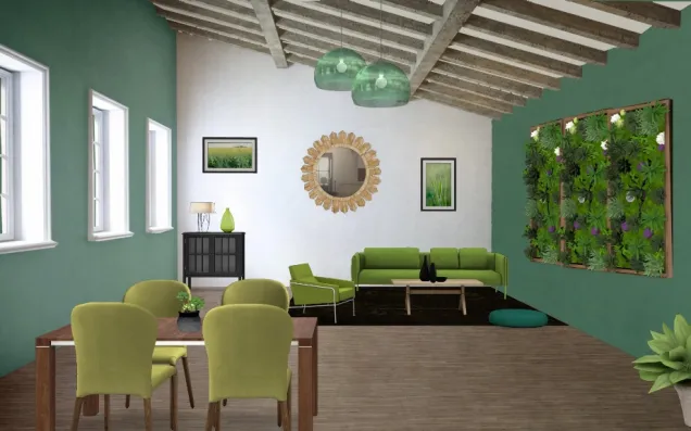 Salon-salle à manger tons verdoyant, moderne et jungle.