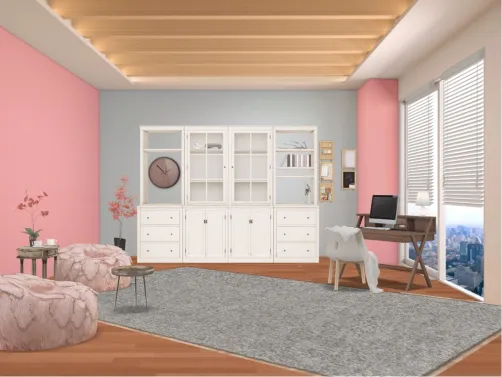 young person pink + grey office+ recreational area