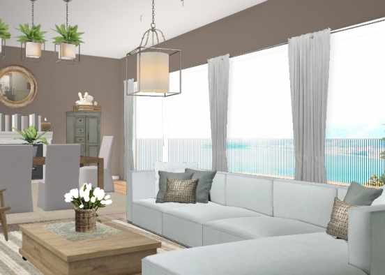 Neutral toned oceanside living room.  Design Rendering
