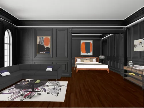 A dark and poppy bedroom