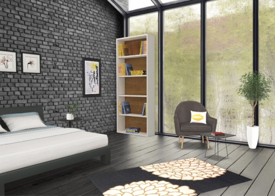 black, grey, yellow bedroom Design Rendering