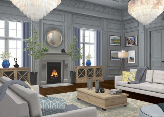 Blue Stylish Living Room Design Rendering