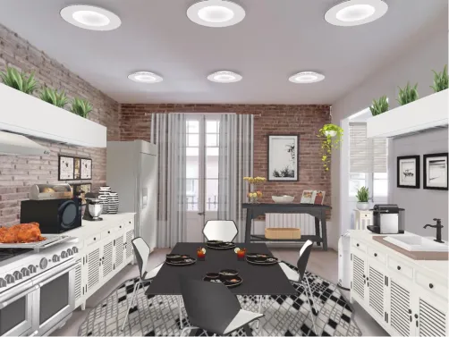 black white brick kitchen area