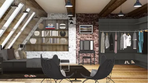 black bed with closet and lots clothes 
