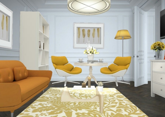 Living Room #white#yellow Design Rendering