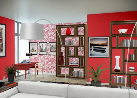 Fun Red uplifting living room. Design Rendering