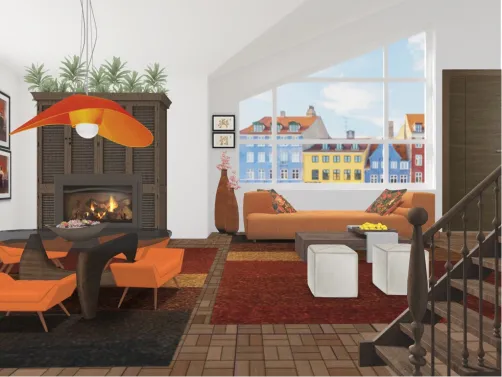 ORANGE AND BROWN LIVING AND DINING AREA