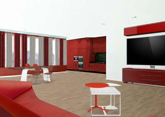 Salon cuisine rouge blanc Design Rendering
