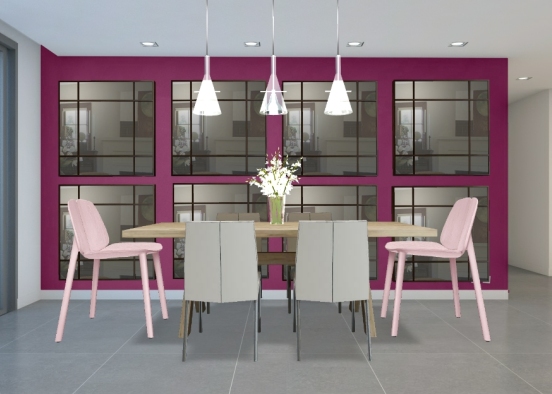Sala de jantar parede espelhada rosa Design Rendering