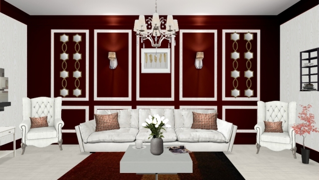 A living room is in classic style. A claret color ideally plays the contrast with white.