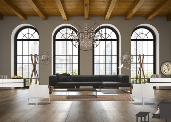 Black and white modern living room, cozy New york feel Design Rendering