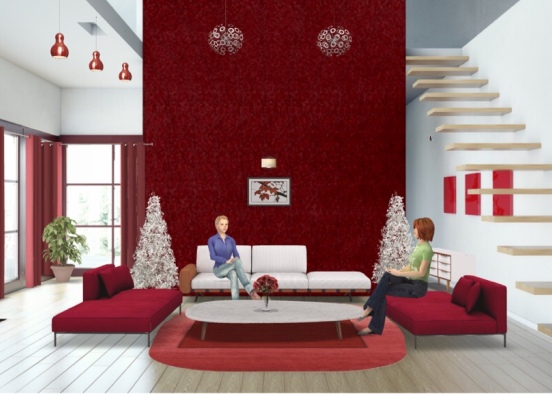 Red and wite living room Design Rendering