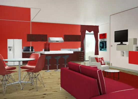 Red living room, loundroom and kitchen Design Rendering