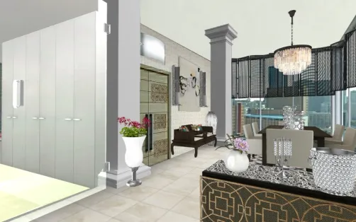 a silver & gold treat in a city highrise.  upon entrance is a sitting area to the left, and dining area strait forward.  A bar area next to the dining table.  Around the corner, offset by a clear glass door, is a bedroom